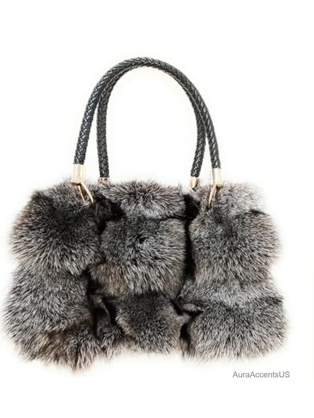 Genuine Fox Fur Handbag Leather Handle Medium Trapezoid Luxury Fur Purse